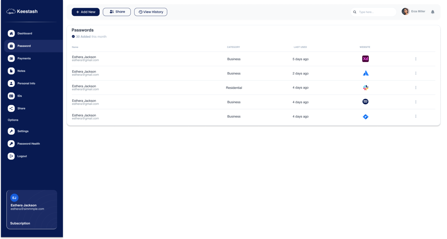 Screenshot der Keestash Benutzeroberfläche zur Passwortverwaltung